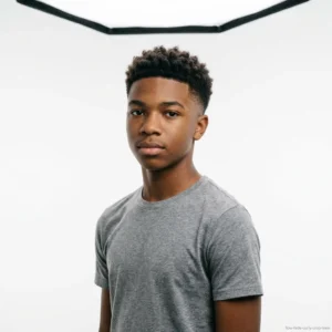 teen boy with short curly crop and low fade haircut