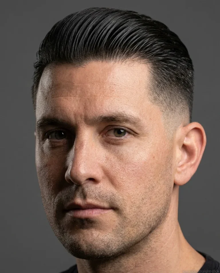 Low fade with slick back haircut for straight hair men