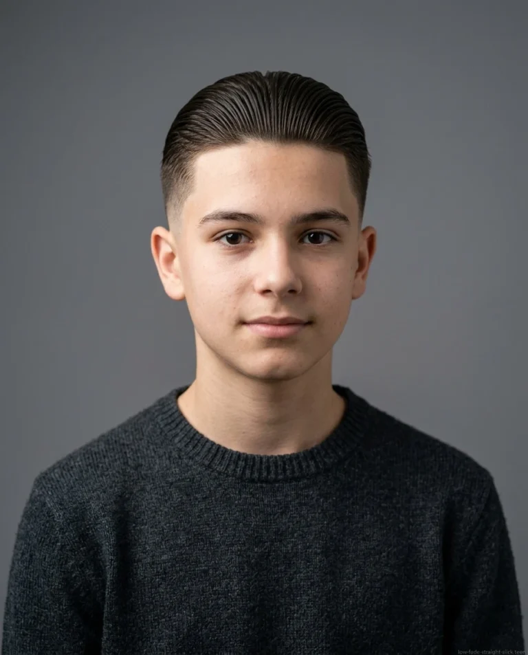 teen boy with slick back and low fade on straight hair