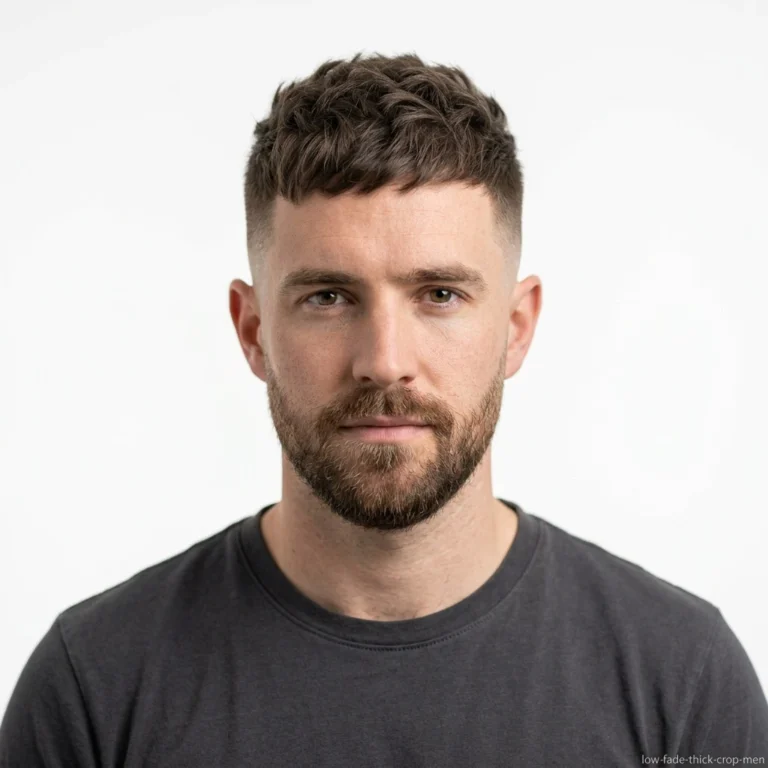 man with thick textured crop and low fade haircut