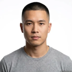 man with thin hair buzz cut and low fade haircut