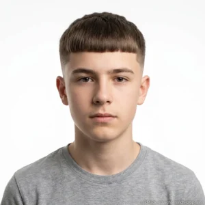 teen boy with straight hair French crop and mid fade haircut