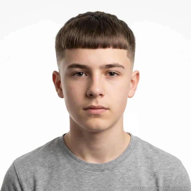 teen boy with straight hair French crop and mid fade haircut