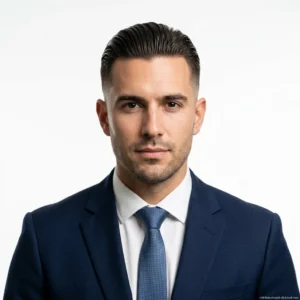man with straight hair slick back and mid fade haircut