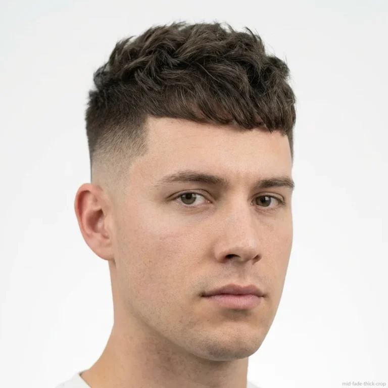 Mid fade with thick textured crop haircut for men with thick hair