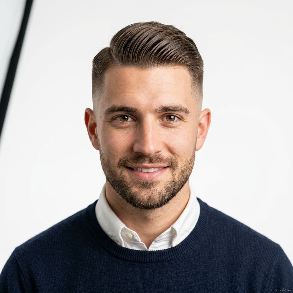 Mid Fade with Ivy League haircut for straight hair