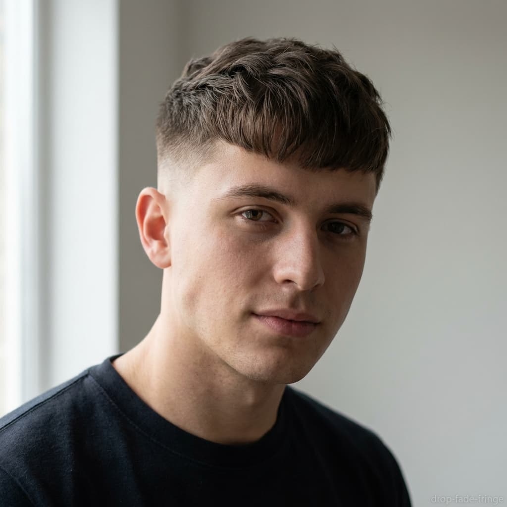 Drop Fade with Textured Fringe haircut for straight hair