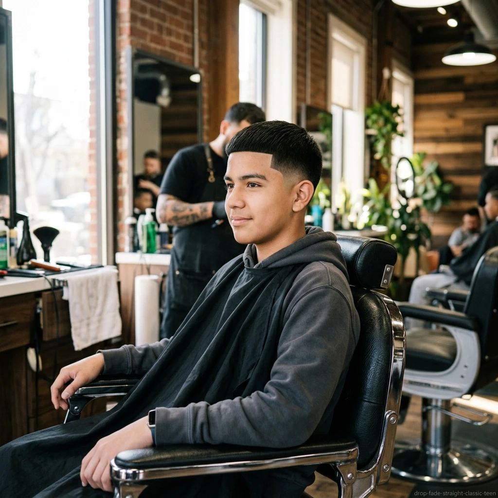 classic short drop fade for teen boys with straight hair