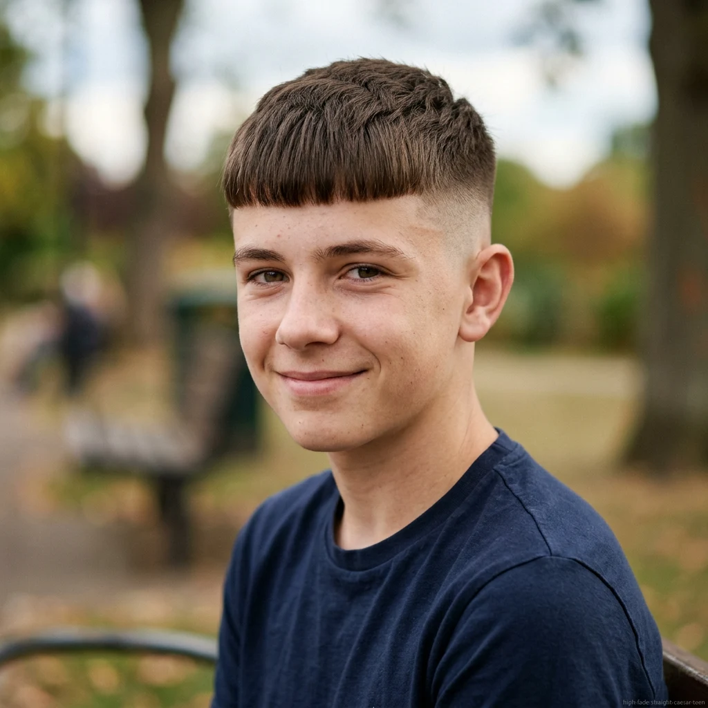 Teen boy with straight hair Caesar cut and high fade haircut