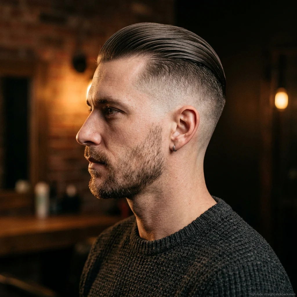 Man with straight hair comb over and high fade haircut