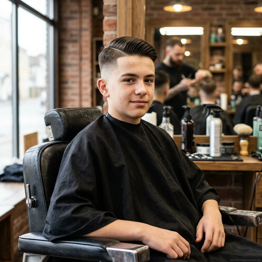 Teen boy with straight hair comb over and high fade haircut