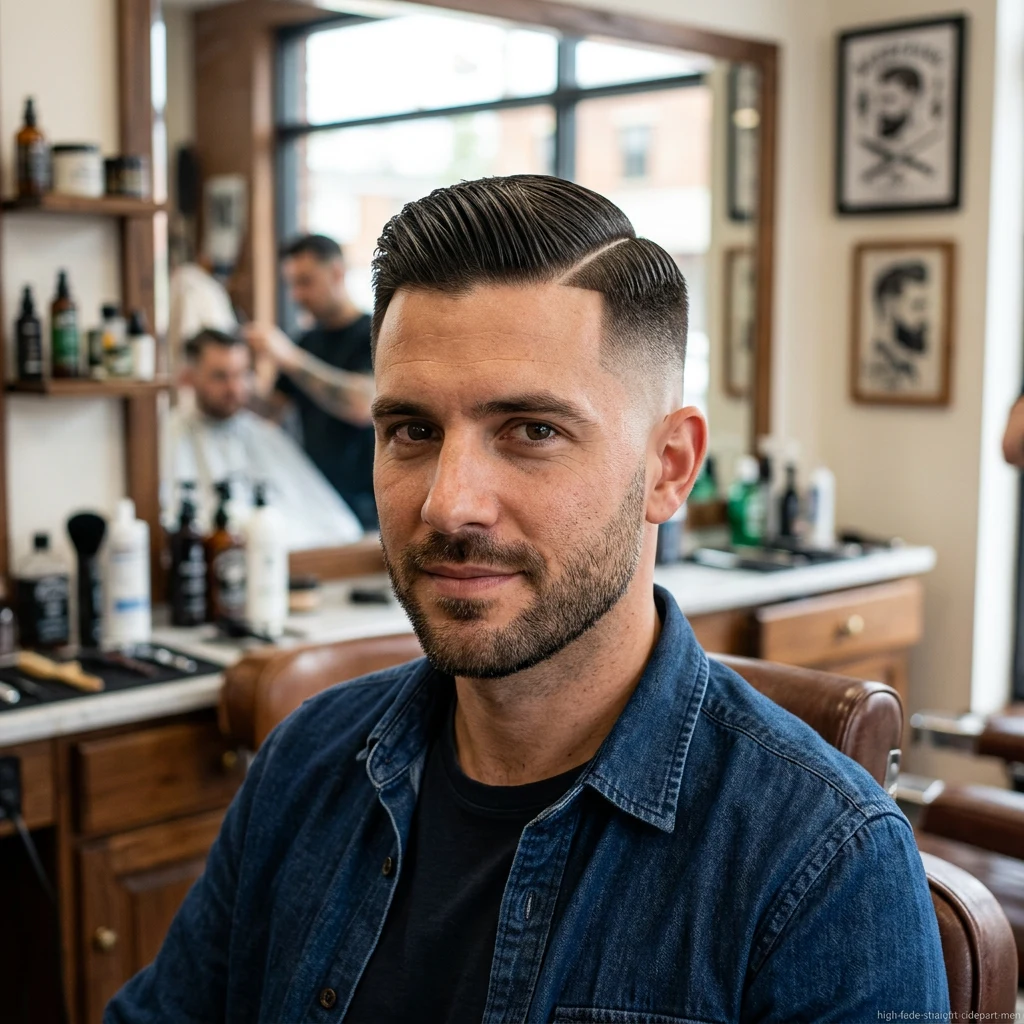 Man with straight hair crew cut and high fade haircut