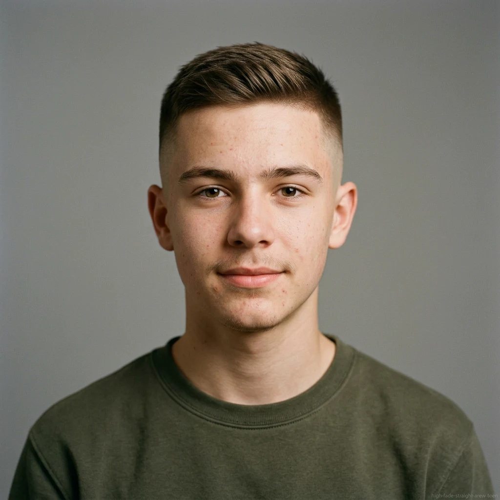 Teen boy with straight hair crew cut and high fade haircut