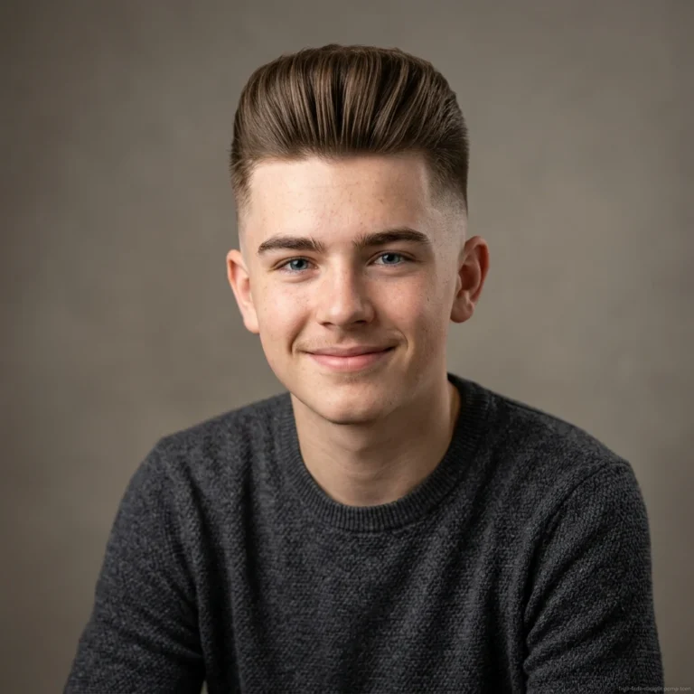 Teen boy with straight hair pompadour and high fade haircut