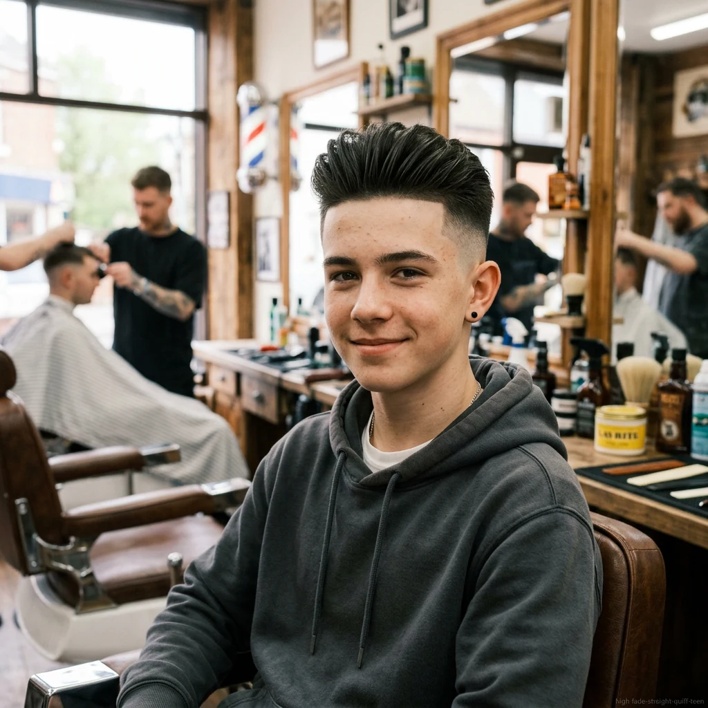 Teen boy with straight hair quiff and high fade haircut