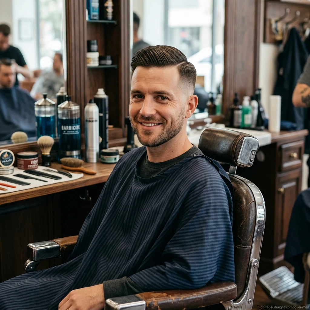Man with straight hair side part and high fade haircut