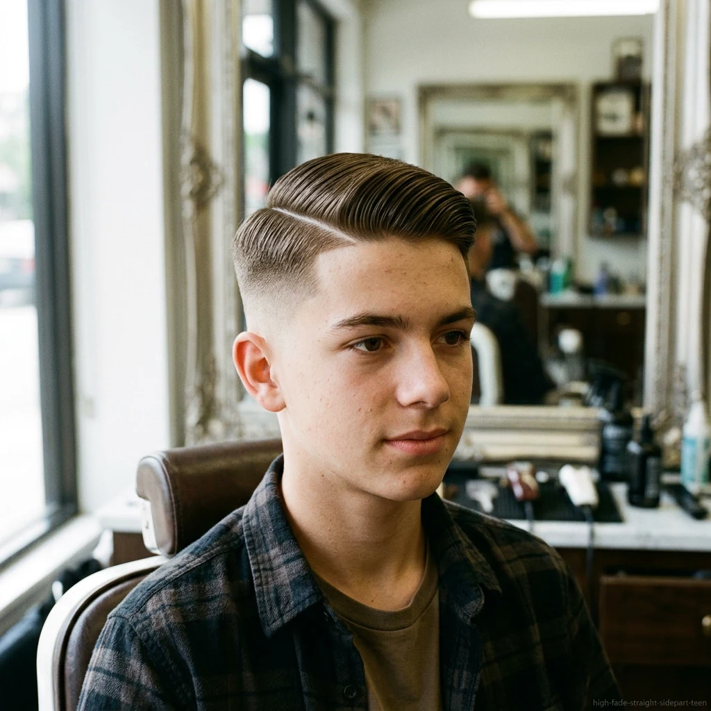 Teen boy with straight hair side part and high fade haircut
