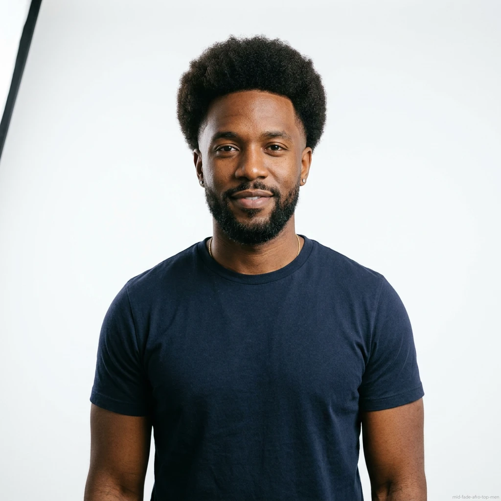 man with afro top and mid fade haircut