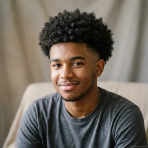 Teen boy with curly afro top and mid fade haircut