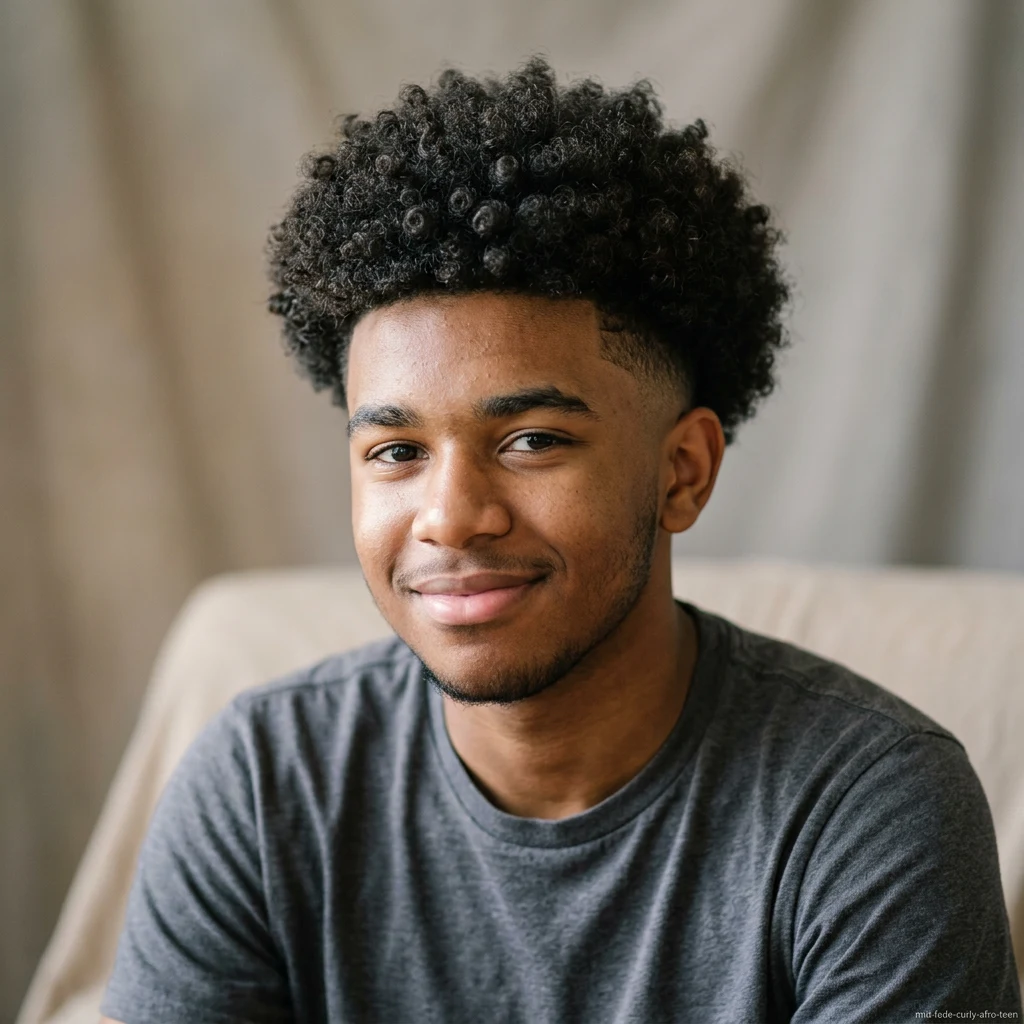 Teen boy with curly afro top and mid fade haircut