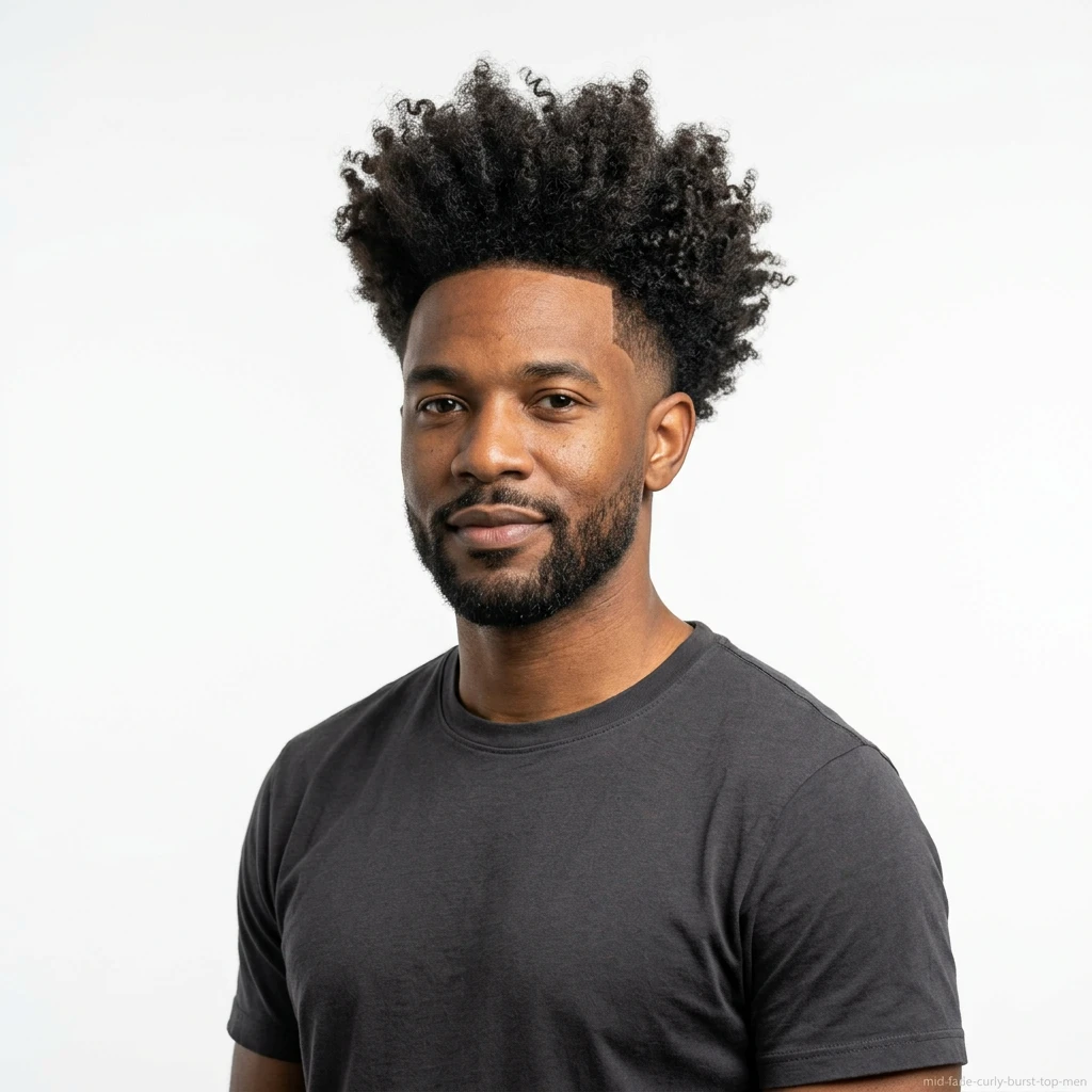 man with curly burst top and mid fade haircut