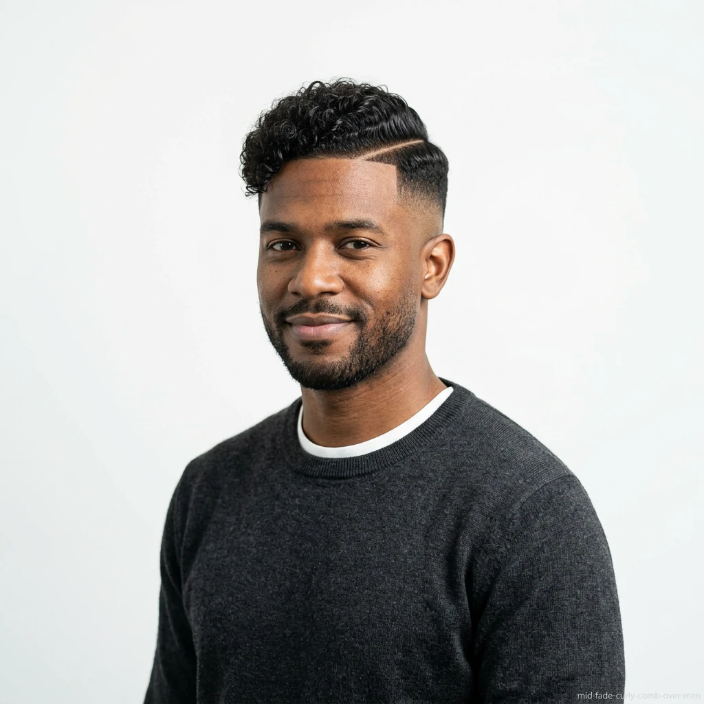 man with curly comb over and mid fade haircut