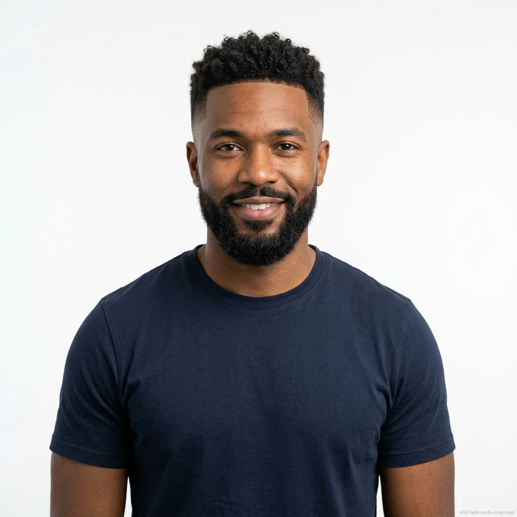 man with curly crop and mid fade haircut