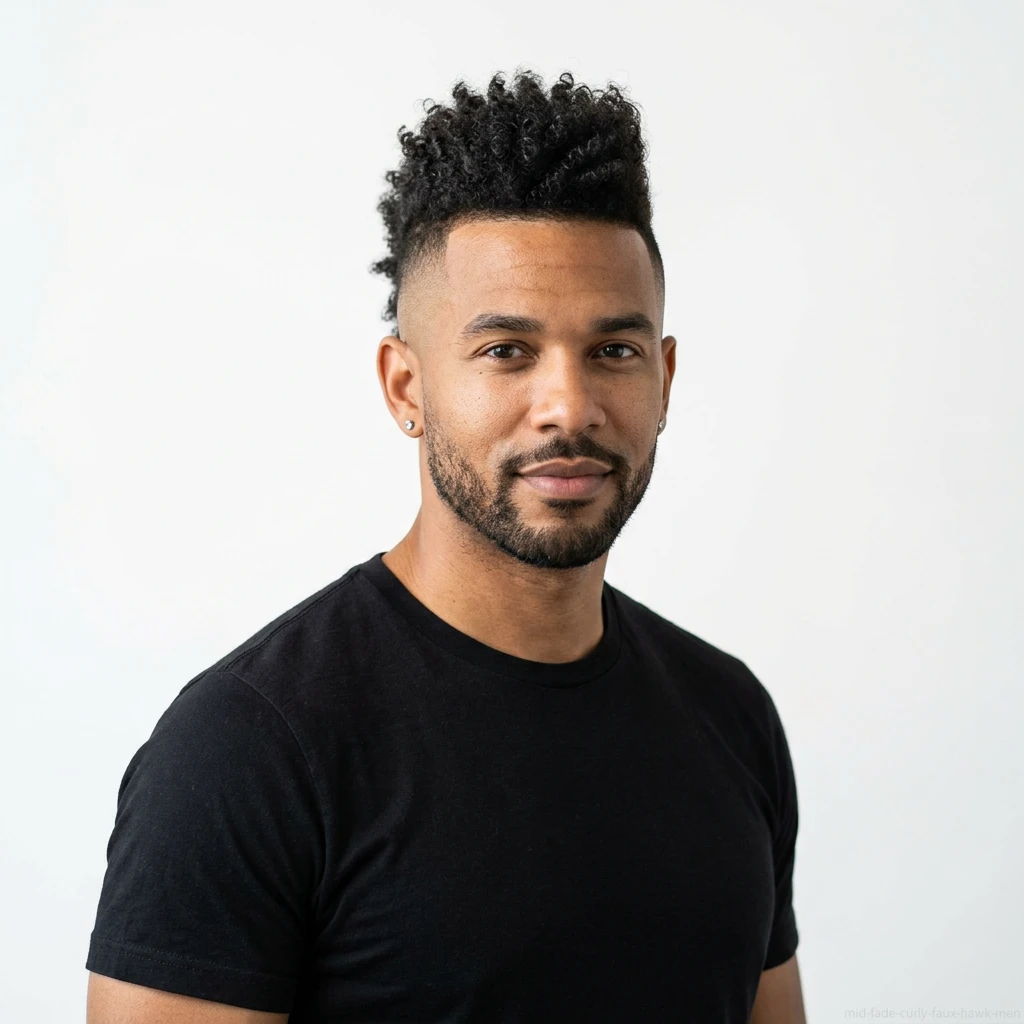 man with curly faux hawk and mid fade haircut