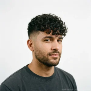 man with curly fringe and mid fade haircut