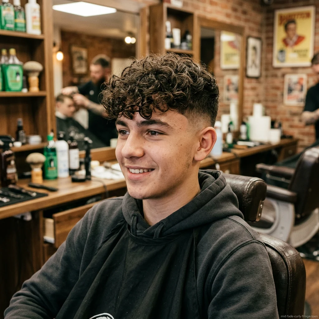 Teen boy with curly fringe and mid fade haircut