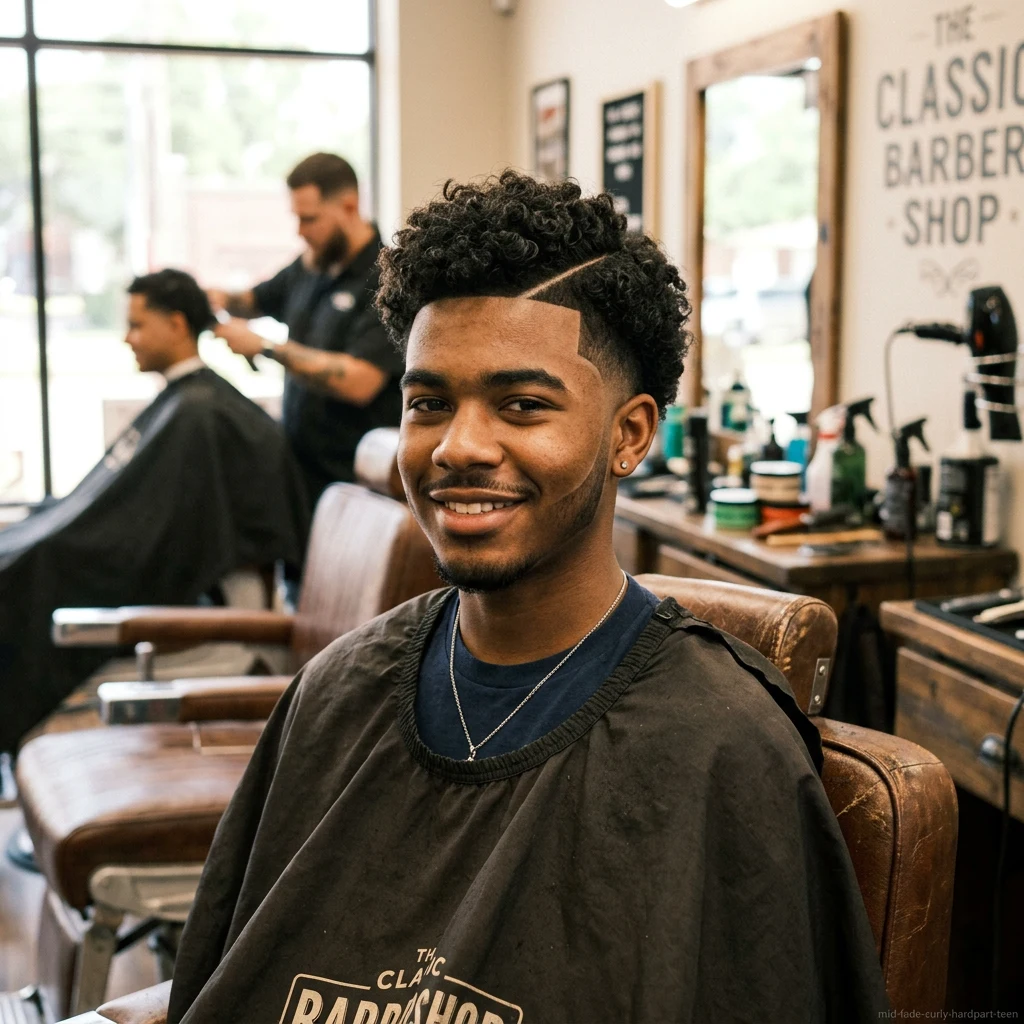 Teen boy with hard part curly mid fade haircut
