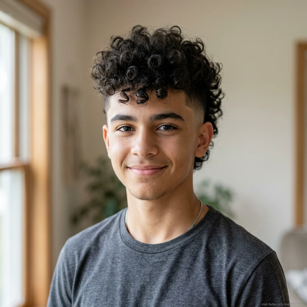 Teen boy with curly mohawk and mid fade haircut