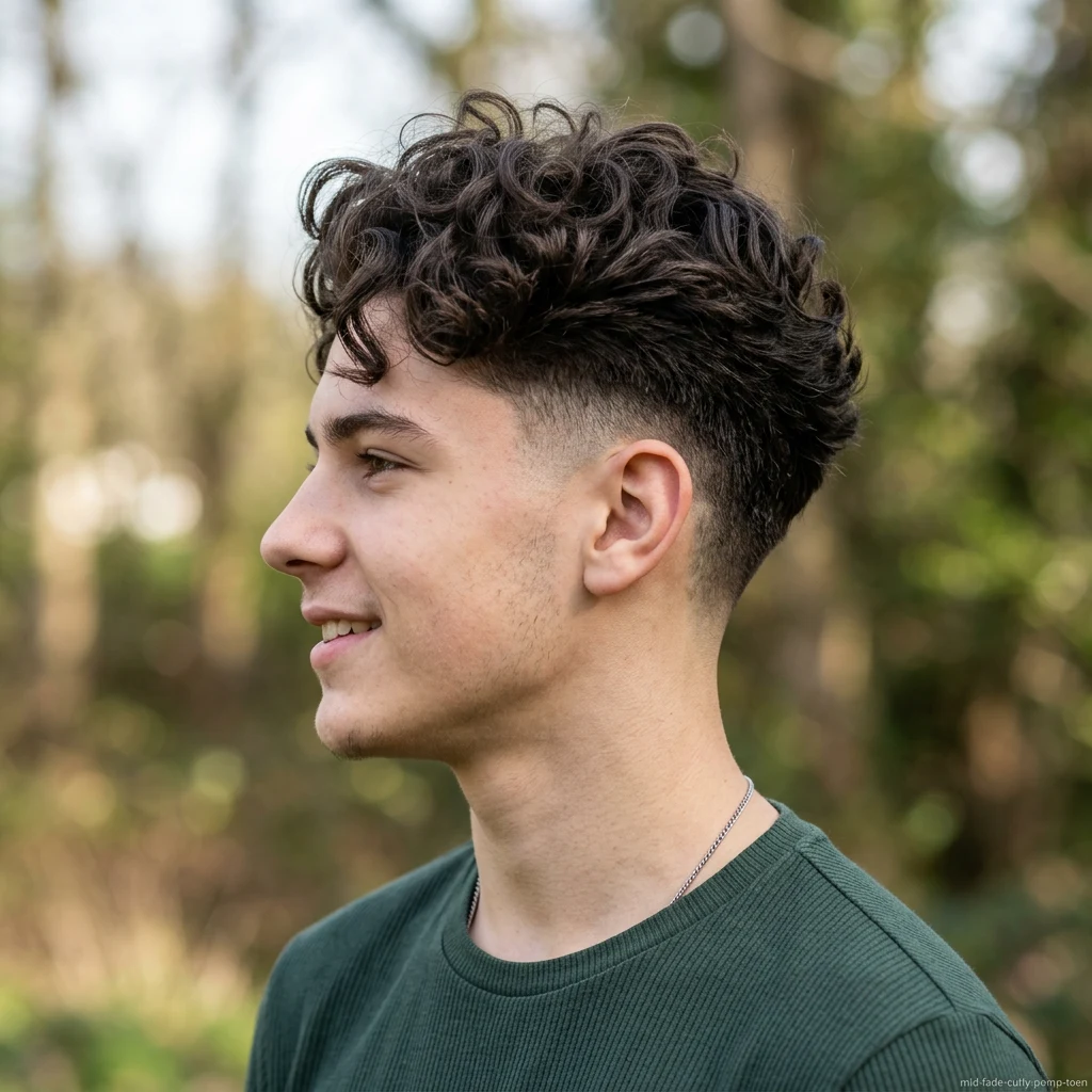 Teen boy with curly pompadour and mid fade haircut