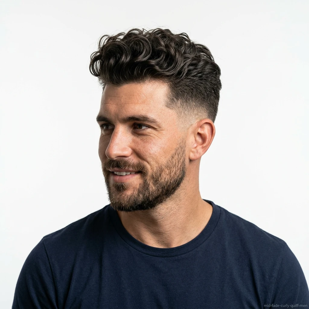 man with curly quiff and mid fade haircut