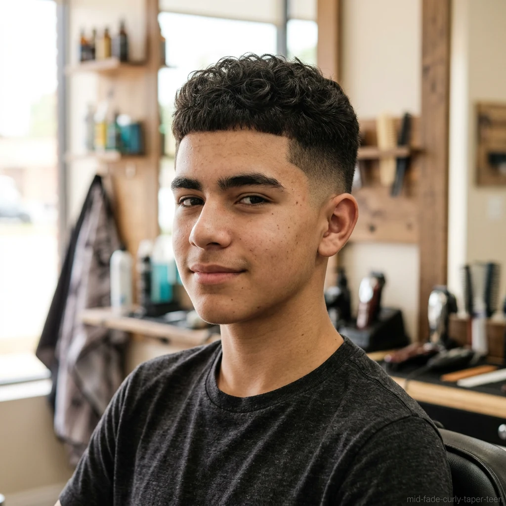 Teen boy with tapered curly crop and mid fade haircut