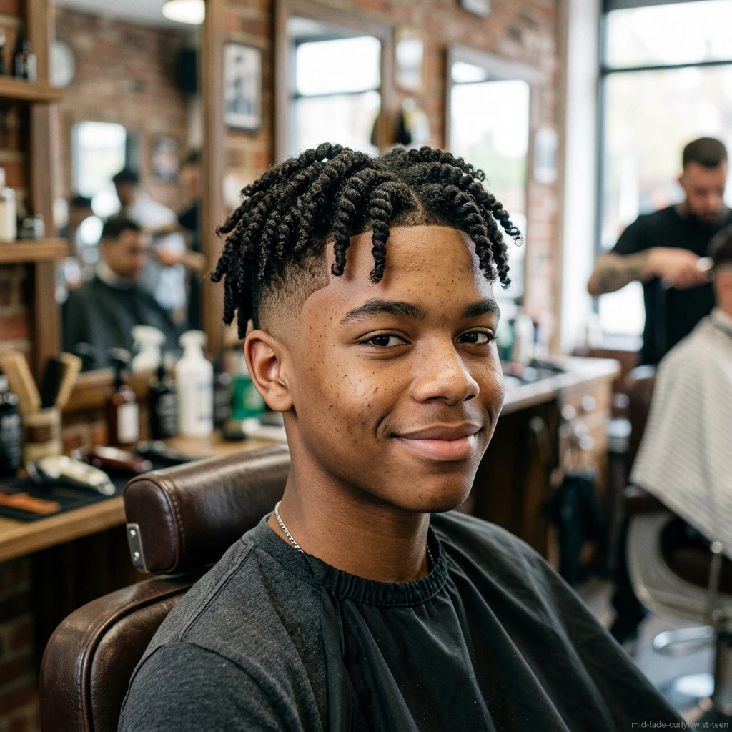Teen boy with curly twist top and mid fade haircut