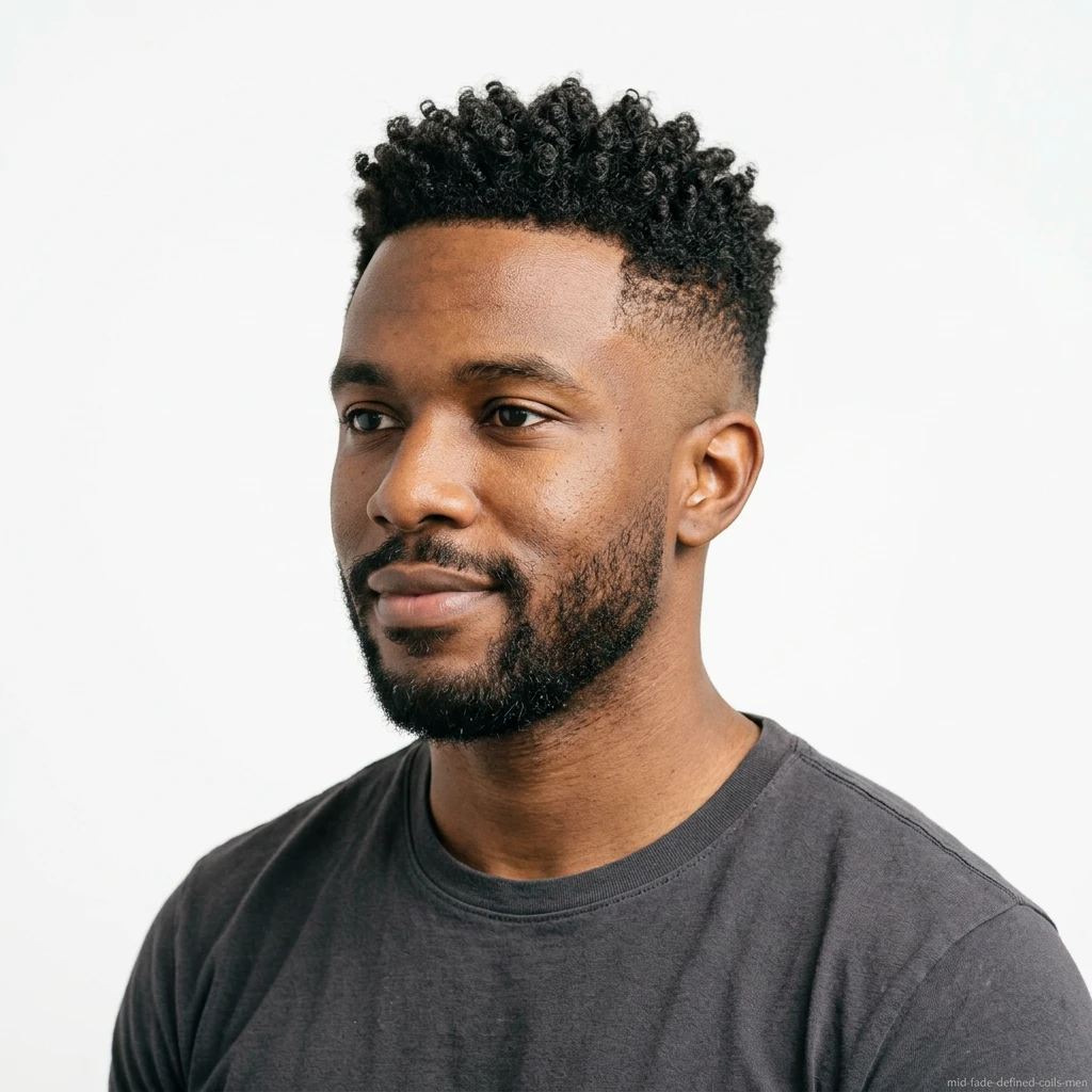 man with defined curl coils and mid fade haircut