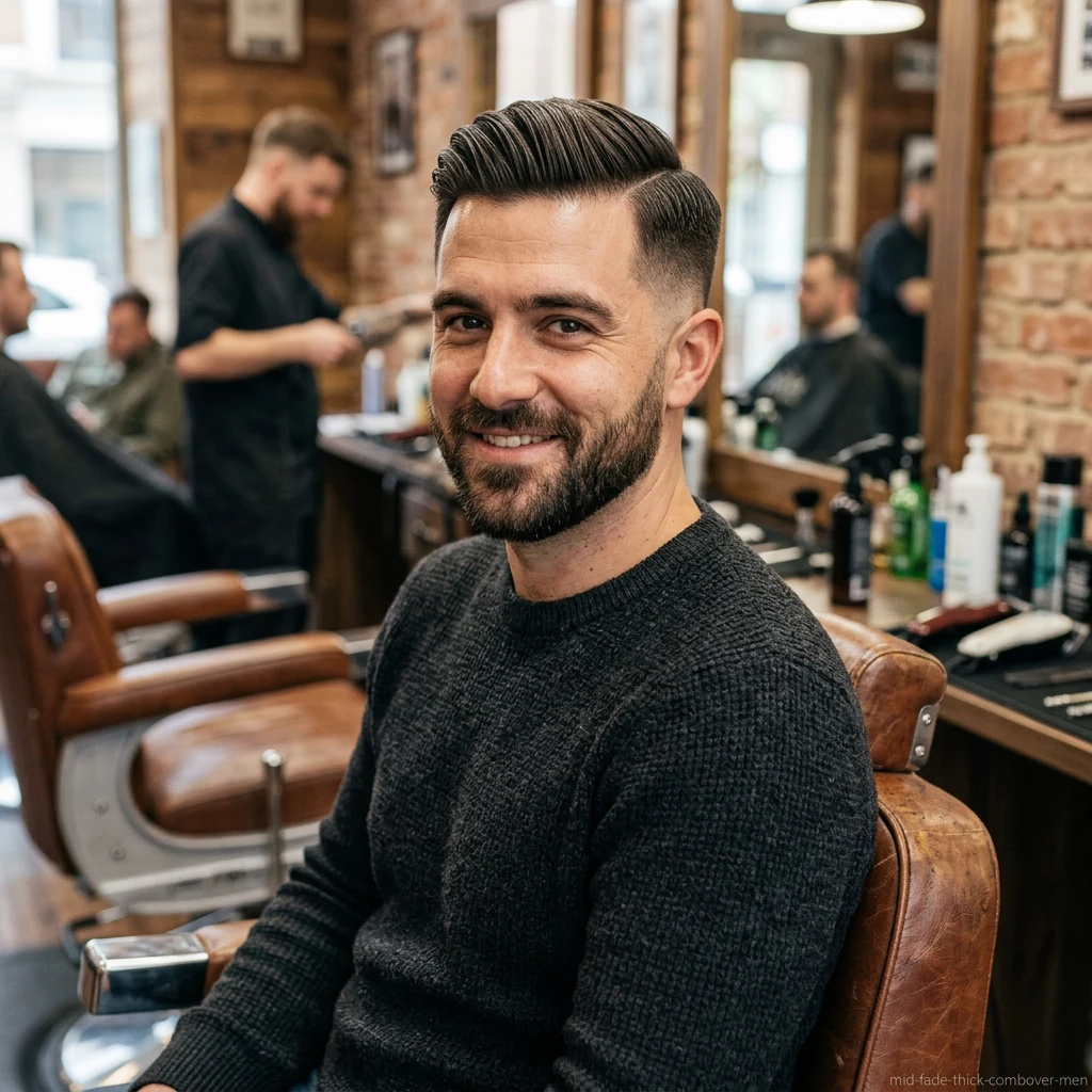 Man with thick hair comb over and mid fade haircut