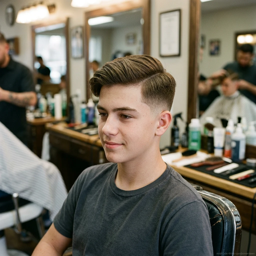 Teen boy with thick hair comb over and mid fade haircut
