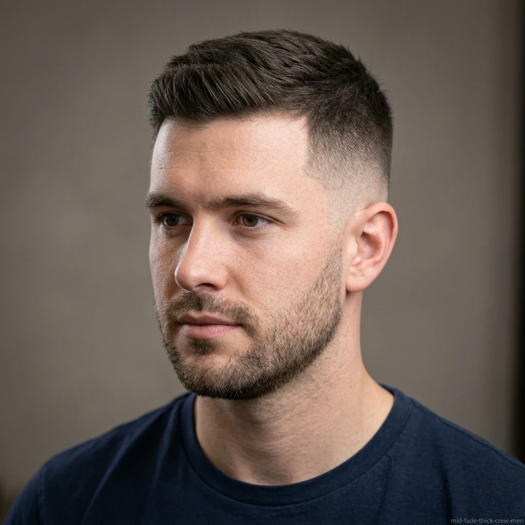 Man with thick hair crew cut and mid fade haircut