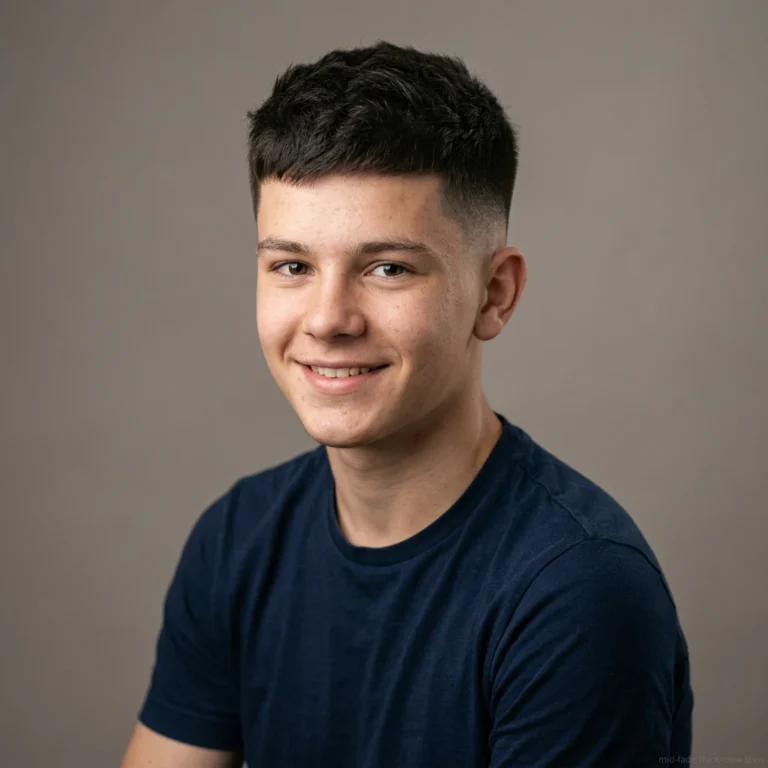Teen boy with thick hair crew cut and mid fade haircut