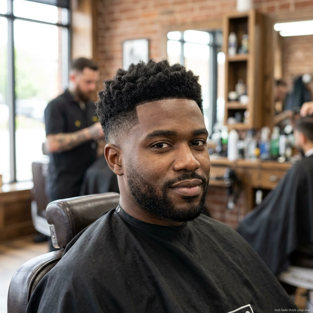 Man with thick hair textured crop and mid fade haircut