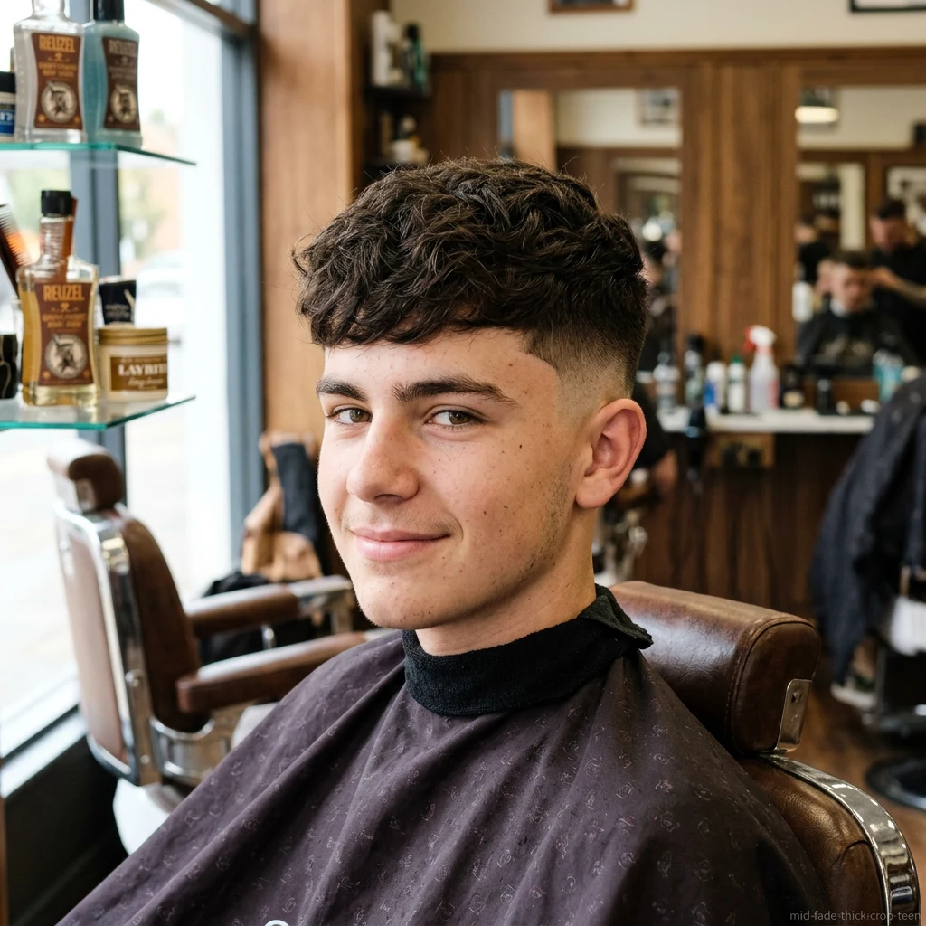 Teen boy with thick hair textured crop and mid fade haircut