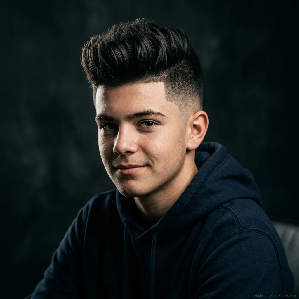 Teen boy with thick hair faux hawk and mid fade haircut