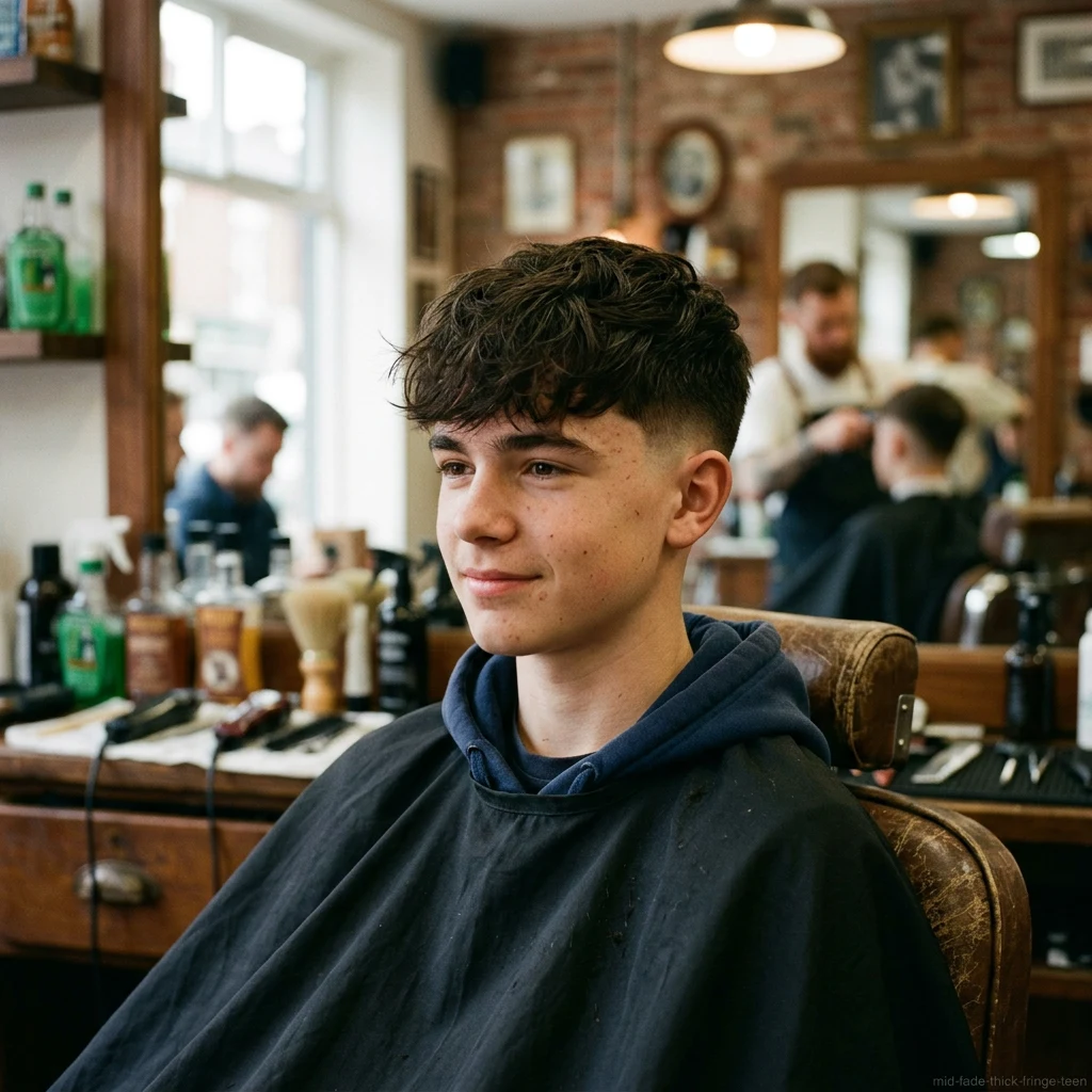 Teen boy with thick hair fringe and mid fade haircut