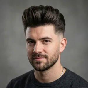 Man with thick hair pompadour and mid fade haircut