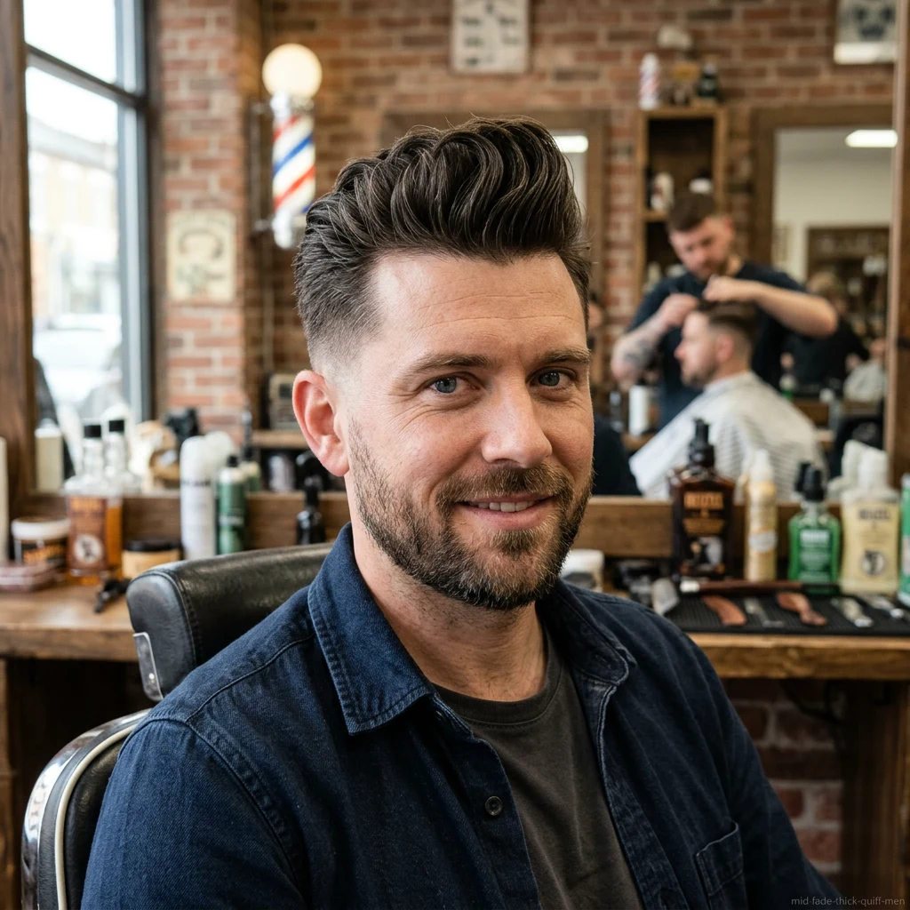 Man with thick hair quiff and mid fade haircut