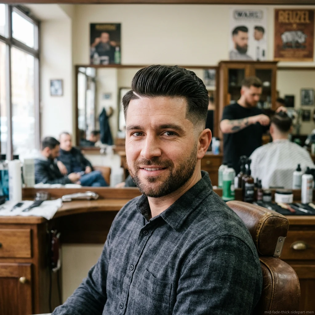 Man with thick hair side part and mid fade haircut