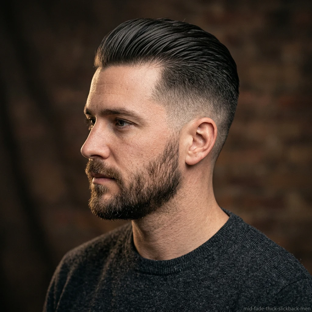 Man with thick hair slick back and mid fade haircut
