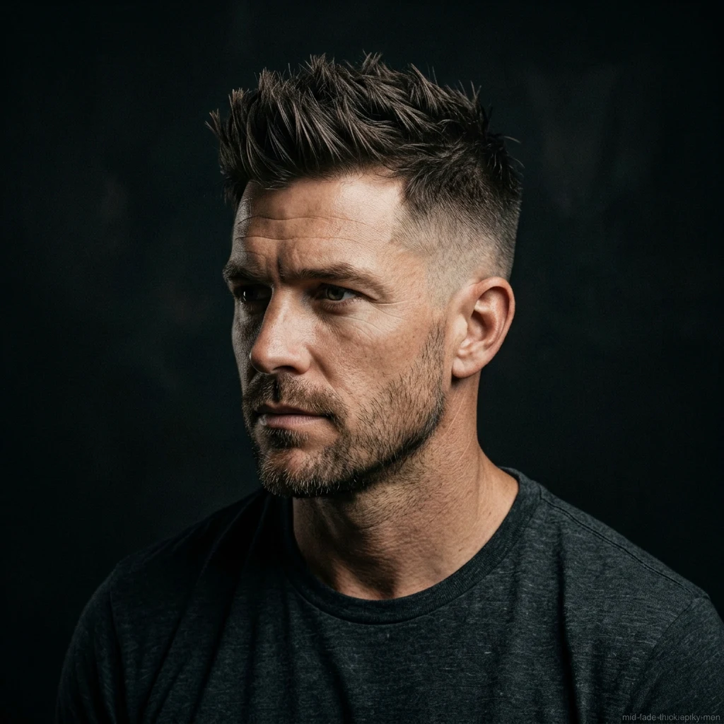 Man with thick hair spiky cut and mid fade haircut